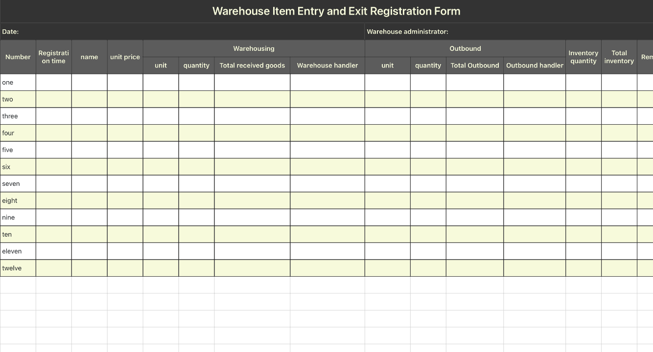 Item entry and exit registration form、 1 1